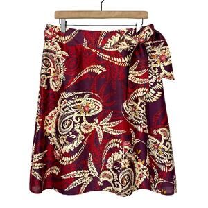 Talbots Burgundy Red Paisley Batik 100% Silk Knee Length A-line Wrap Tie Skirt